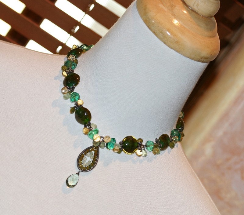 OoO SALE OoO -  60% off - Wire Wrapped Prehnite Citrine Fall Tourmaline Green Amethyst Fluorite Glass Lampwork Necklace - The Irish Eyes