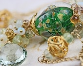 oOo SALE oOo - 60% off - Glass Lampwork Green Amethyst Prehnite Opal 14k Gold Fill Wire Wrapped Long Necklace - The Appletini