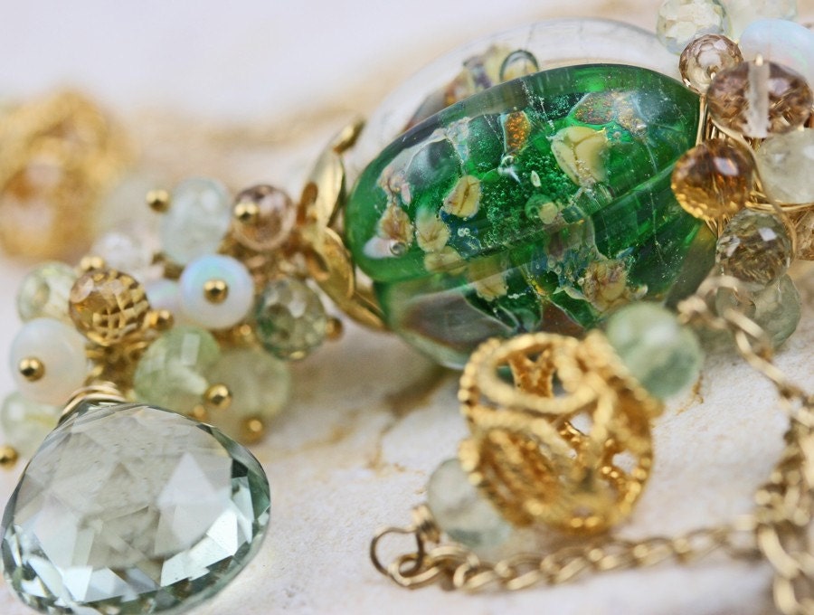 oOo SALE oOo - 60% off - Glass Lampwork Green Amethyst Prehnite Opal 14k Gold Fill Wire Wrapped Long Necklace - The Appletini