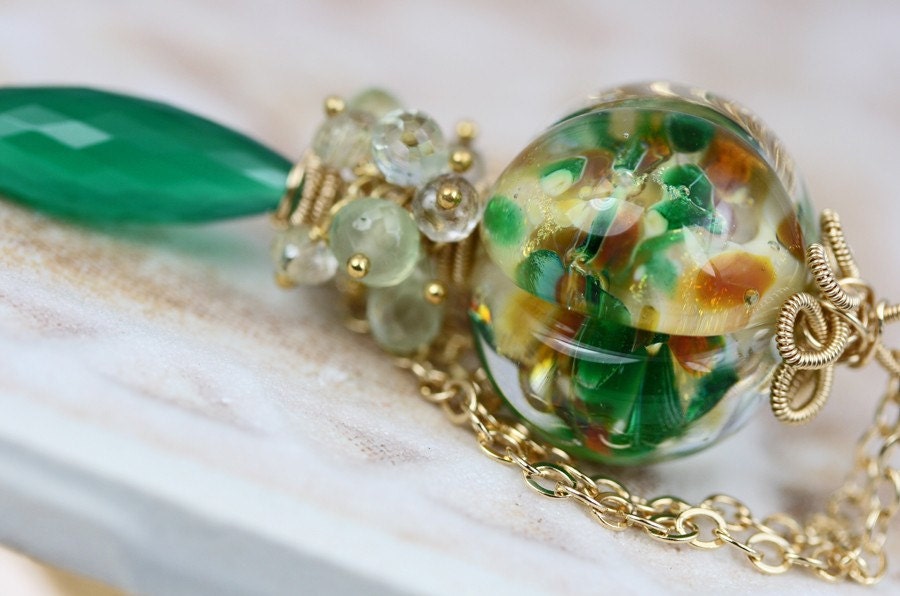 oOo SALE oOo - 50% off - Glass Lampwork Gemstone Cluster 14k Gold Fill Wire Wrapped Fashion Necklace - The Garden Simple Pleasures