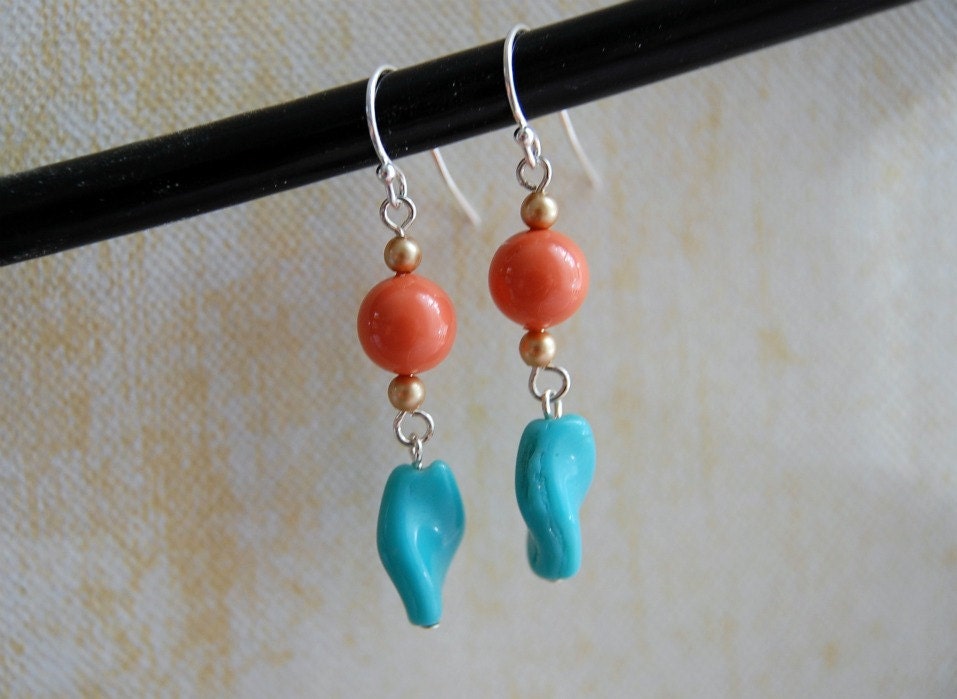 Coral and Teal. Brightly Colored Dangle Earrings