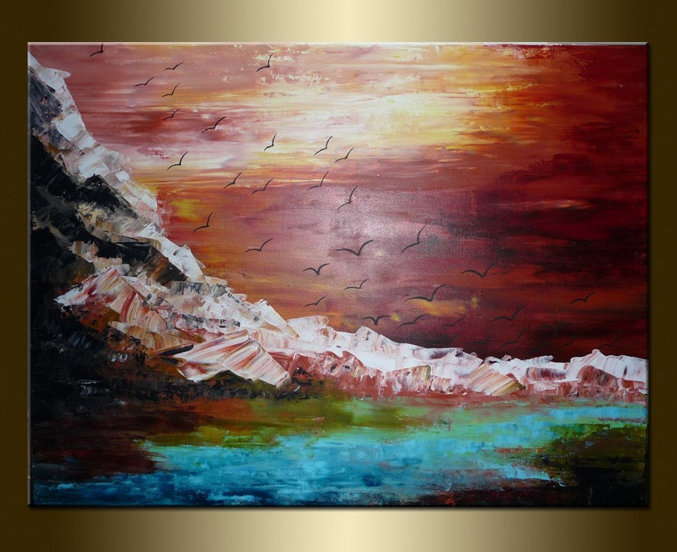 original LANSCAPE with birds ,abstract PAINTING,acrylic on canvas 23,6" x 31,5" x 0,7"-One of a kind - HUGE,with certificate of authenticity