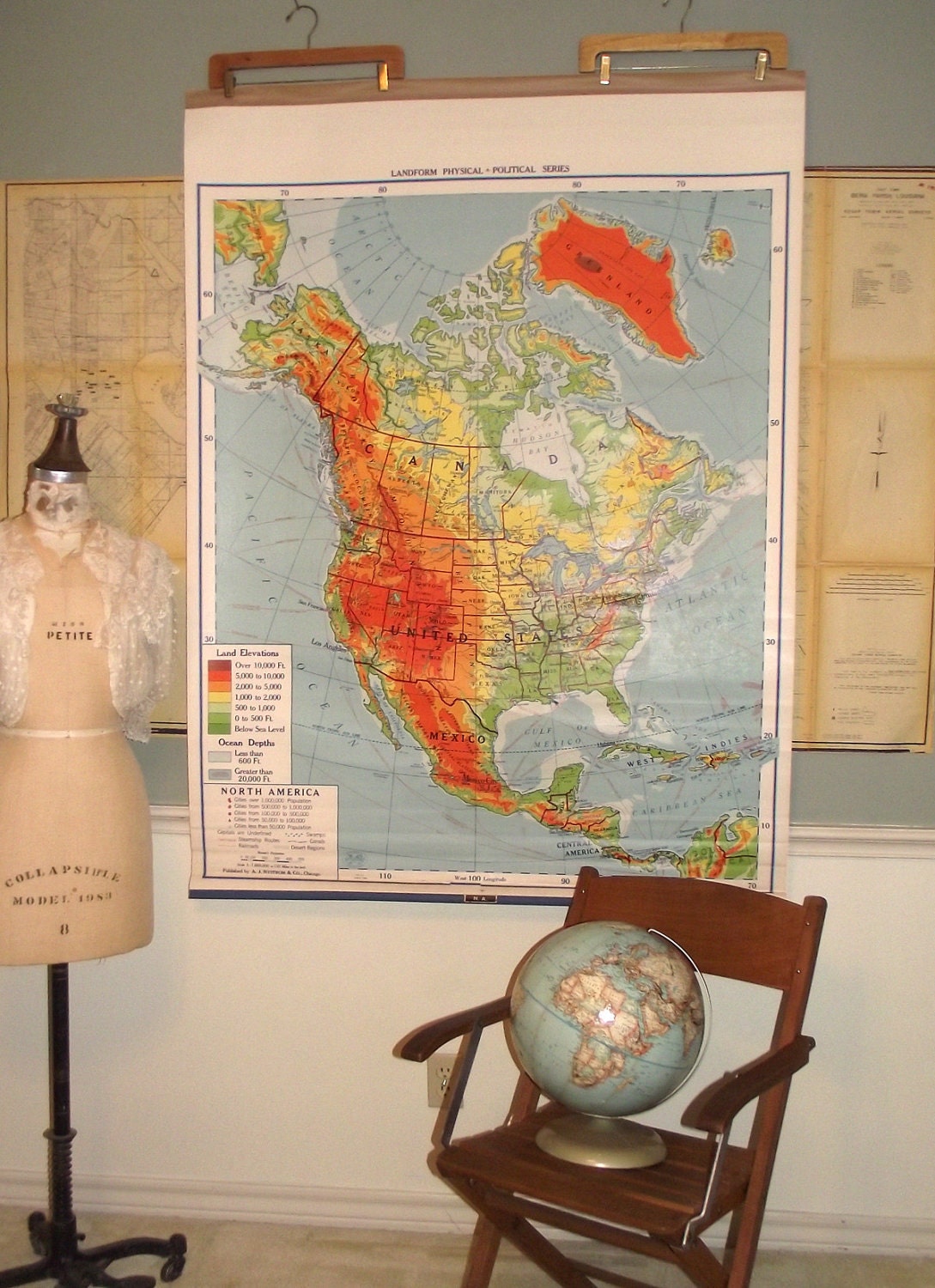 Vintage Pull Down School Map of North America united States Canada Nystrom 1950s