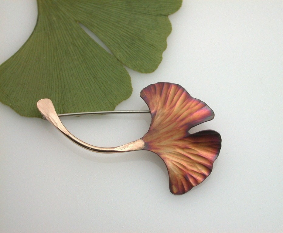 Ginkgo Leaf Pin, Copper, Gold filled, brown, 254mc