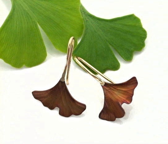 Ginkgo Leaf Earrings, Copper, brown patina, Tiny. 122mc