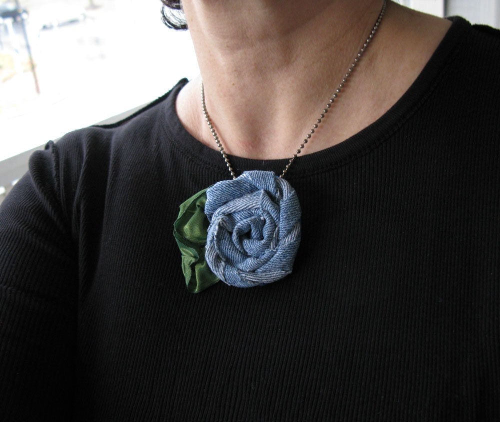 Blue Jean Baby Upcycled Rosette - Handmade Brooch