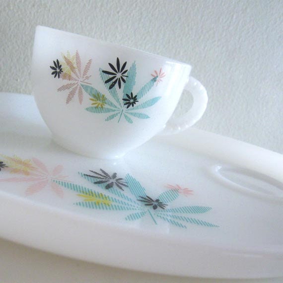 Vintage Milk Glass Snack Plate with Cup 1950s Atomic Mod - RESERVED FOR CHLOE