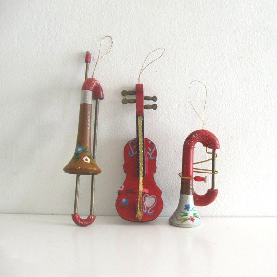 3 Large Vintage Wooden Instruments Christmas Ornaments