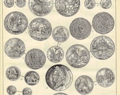 Antique Engraving of Coins from the French Encyclopedia Nouveau Larousse Illustre Medaille Print - Reduced