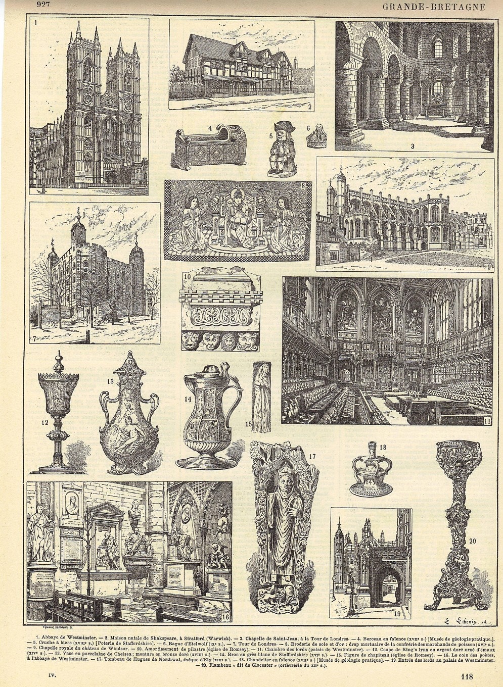 Antique Engraving of Art and Architecture from the French Encyclopedia Nouveau Larousse Illustre Grande Bretagne Print