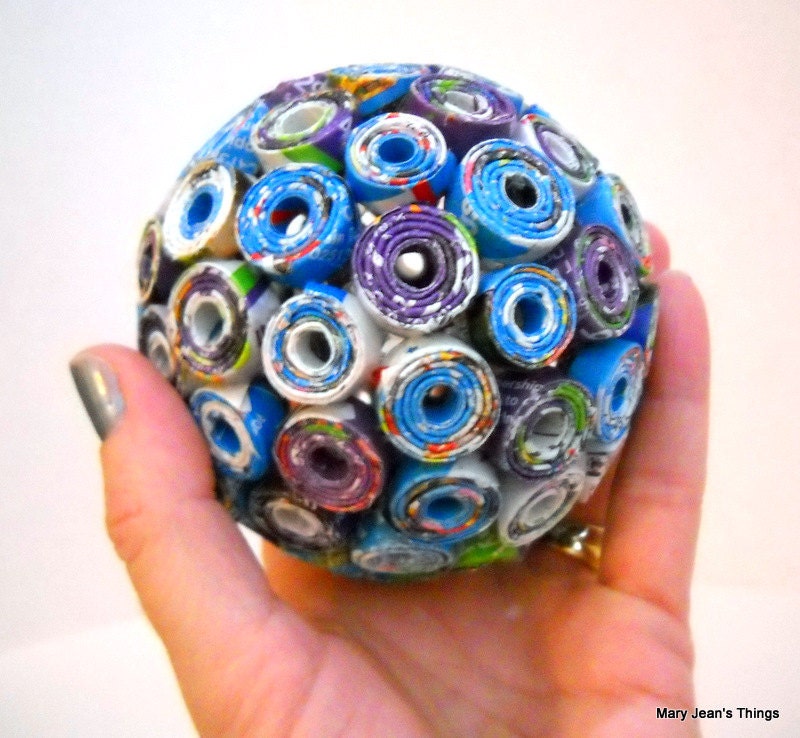 Paper Ball Repurposed from Christmas Toy Catalog Blue/Purple OOAK Free Shipping