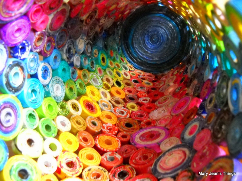Upcycled Rainbow Vase Sculpture made from Magazines, Candy Wrappers, Catalogs & Coupon Circulars