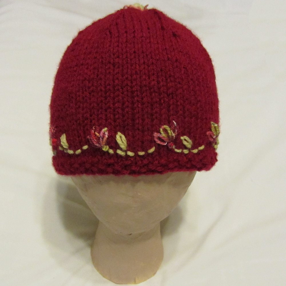 Hand Embroidered, Hand Knit Hat, Fits Teen to Adult