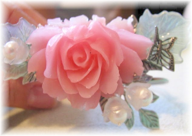 Large Rose Cuff with Silver Plated accents and white Fresh Water Pearls Bracelet