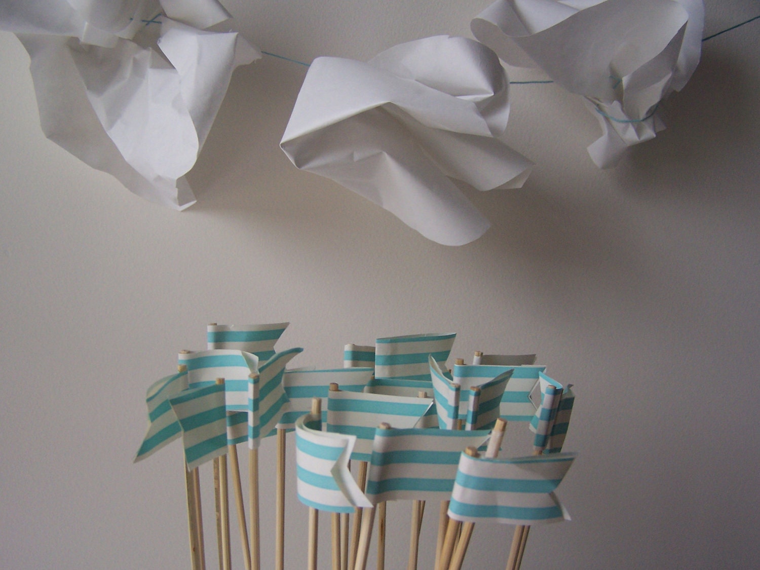 HOORAY. aqua turquoise white stripe cupcake topper FLAGS. (12) lovely party decorations