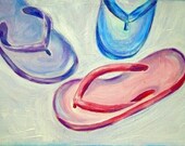 Pink, Purple, and Aqua Blue Flip Flops with White Background
