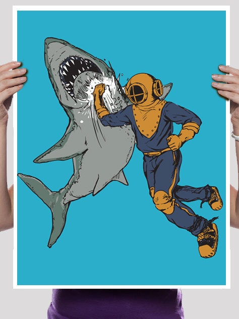Shark, Diver, Jaws, Underwater, Tin Tin, Shark Week, Digital Print, Art Poster 18" x 24"