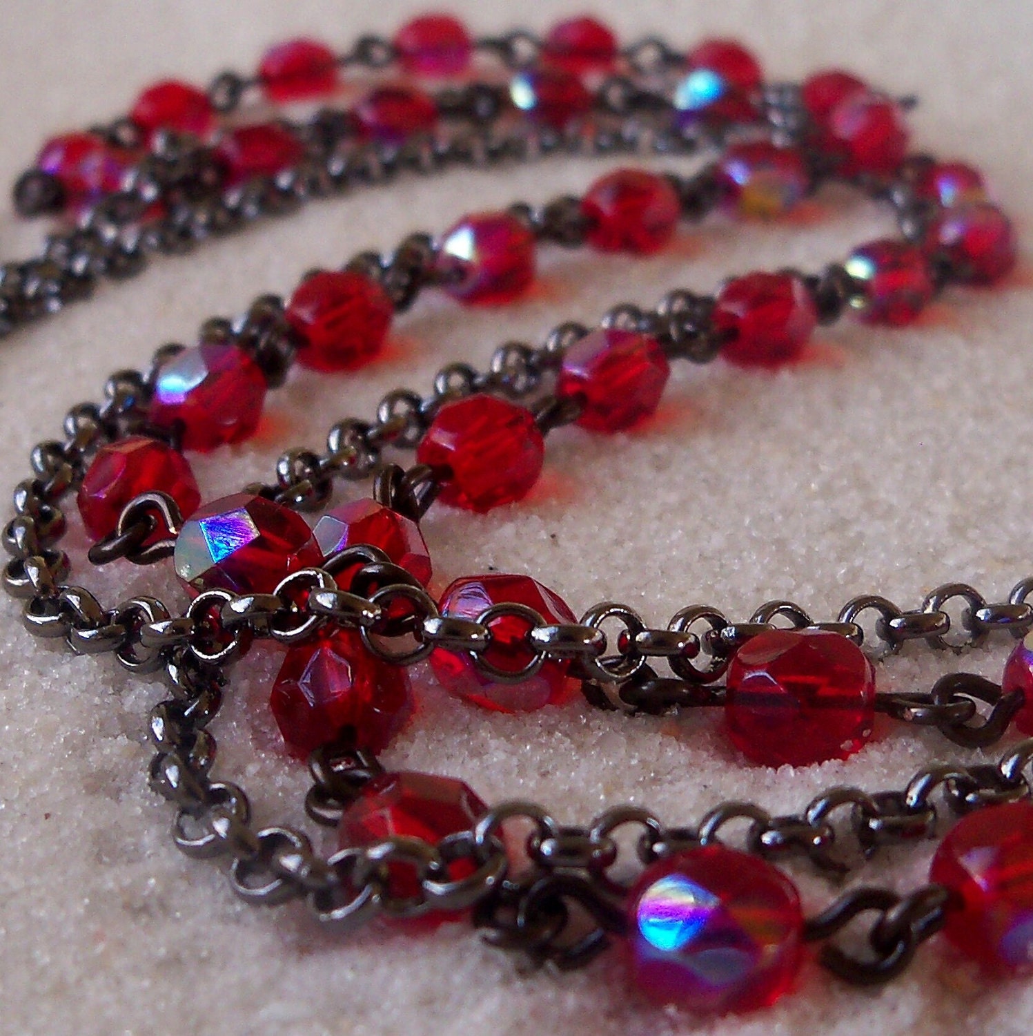Red Beaded Necklace with Black Chain - mompotter