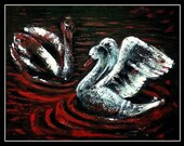 Duality - Original Acrylic Painting - 16 by 20 inches Swan, Sea, Red, Black, White, Impressionist