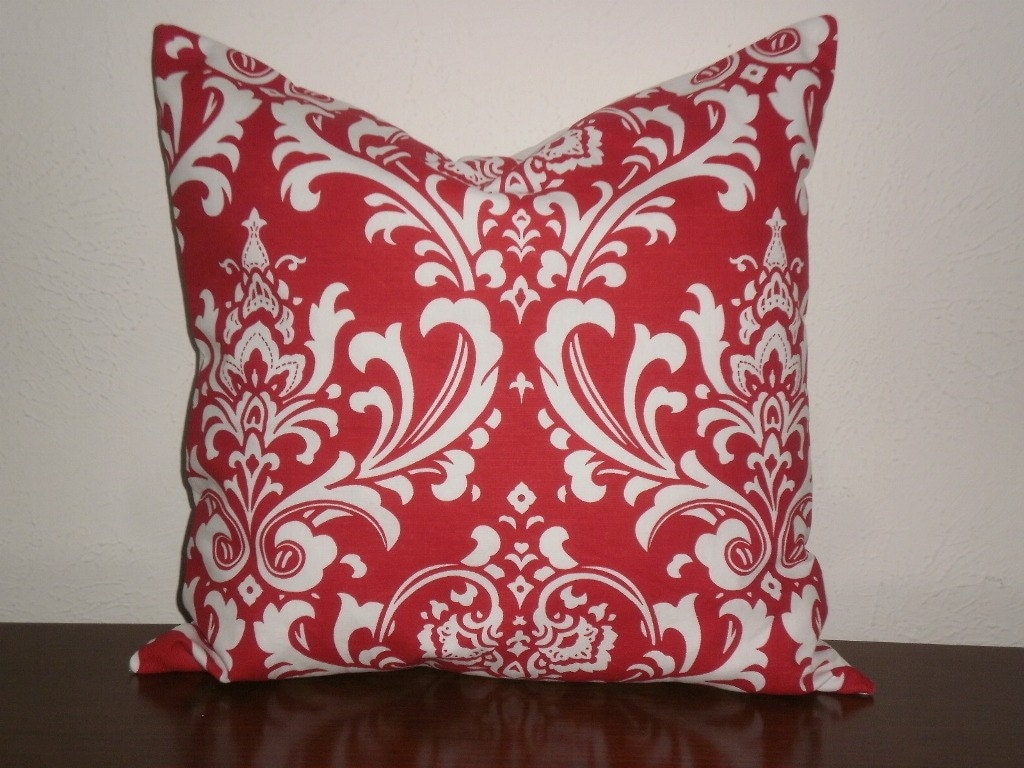 FREE DOMESTIC SHIPPING Decorative Pillow Cover - 18 inch Traditions White on Red Damask