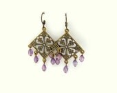 Purple and Brass Chandelier Earrings   Cottage Style Shabby Chic Mothers Day Outdoor Wedding Garden