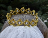 Golden Princess Tatted Lace Wedding Crown with Swarovski Crystals