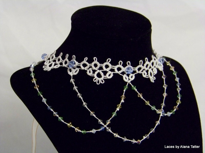Tatted Necklace - Visions of Spring - Pastel Swarovski Crystals and Ribbon Ties on Lace