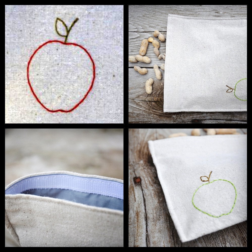 Reusable Sandwich Bag - Reusable Snack Bag - Set of 2 - Hand Embroidered - Apples - Eco Friendly