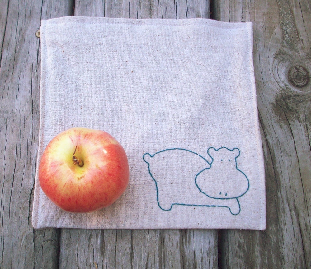 Reusable Sandwich Bag - Reusable Snack Bag - Hand Embroidered - Hippo - Eco Friendly