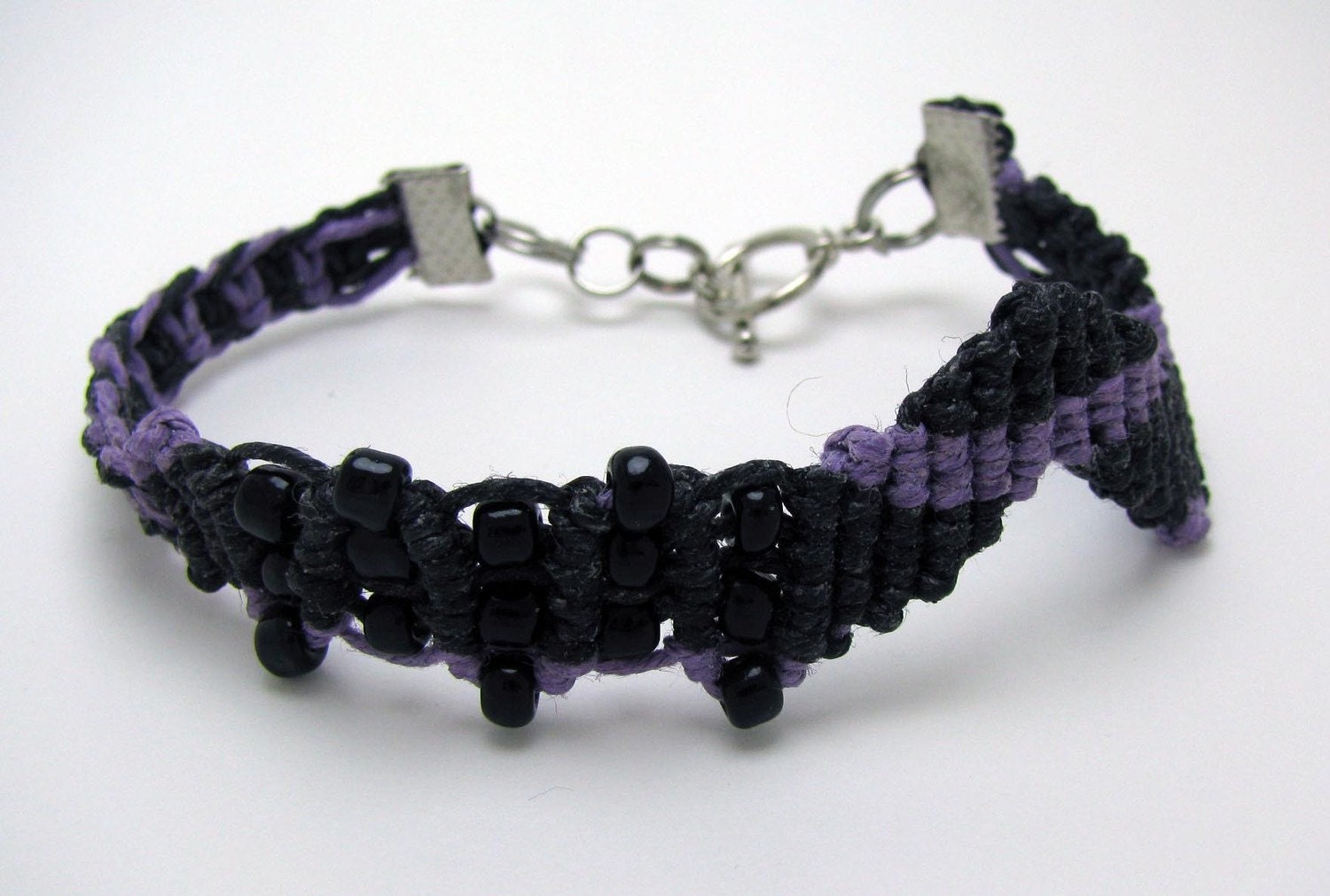 Purple and Black Linen Micro Macrame Bracelet with Toggle Clasp