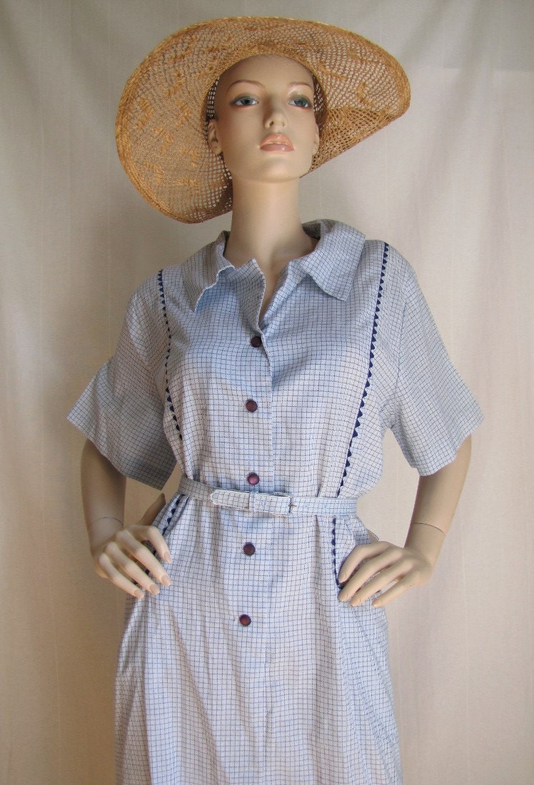 Check Mate - Vintage 1950s Blue Cotton Day Dress XL XL NOS