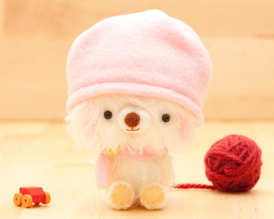 Amigurumi bear in pink plush toy - made to order - Happy Pinu with hat -