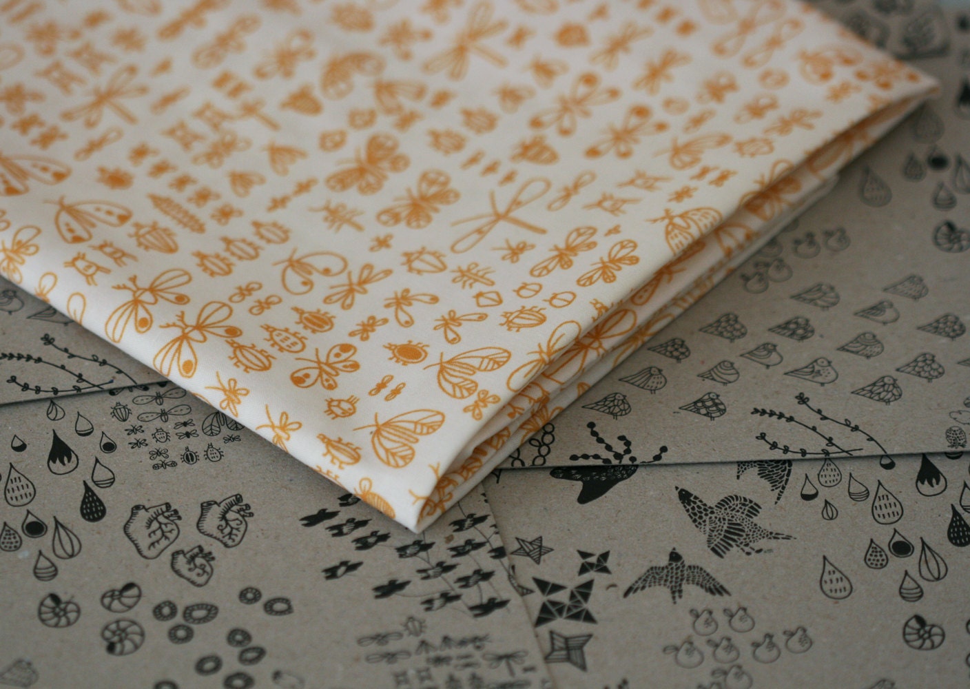 Bugs Fabric - Amber and White - Small Piece