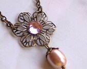 Bridesmaids  Necklace - Antiqued Brass, Swarovski Crystal and Japan Mauve Champagne Glass Drop Pearl - Bridal Jewelry Party - 2064