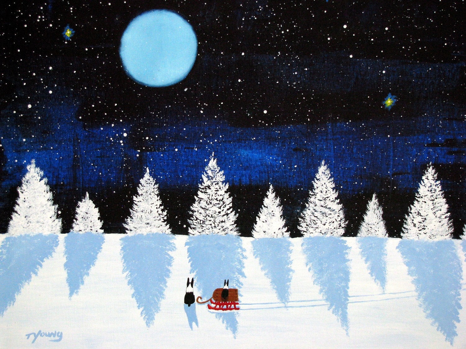 Boston Terrier Dog Folk Art PRINT of Todd Young painting WINTER SHADOWS