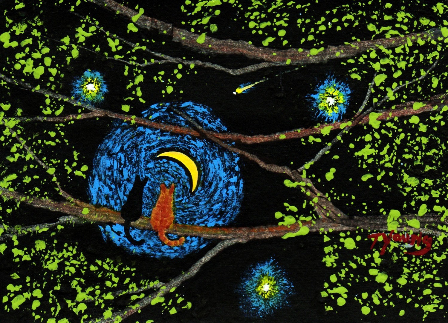 Black Orange Tabby CAT Folk Art Large PRINT of Todd Young painting TOGETHER