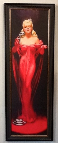 HUGE 12x40 LADY in RED Pin-Up Roy Best Big Band Jazz Singer PinUp Anita O'Day Deco Vintage  Radio Microphone sheer Red Dress gown