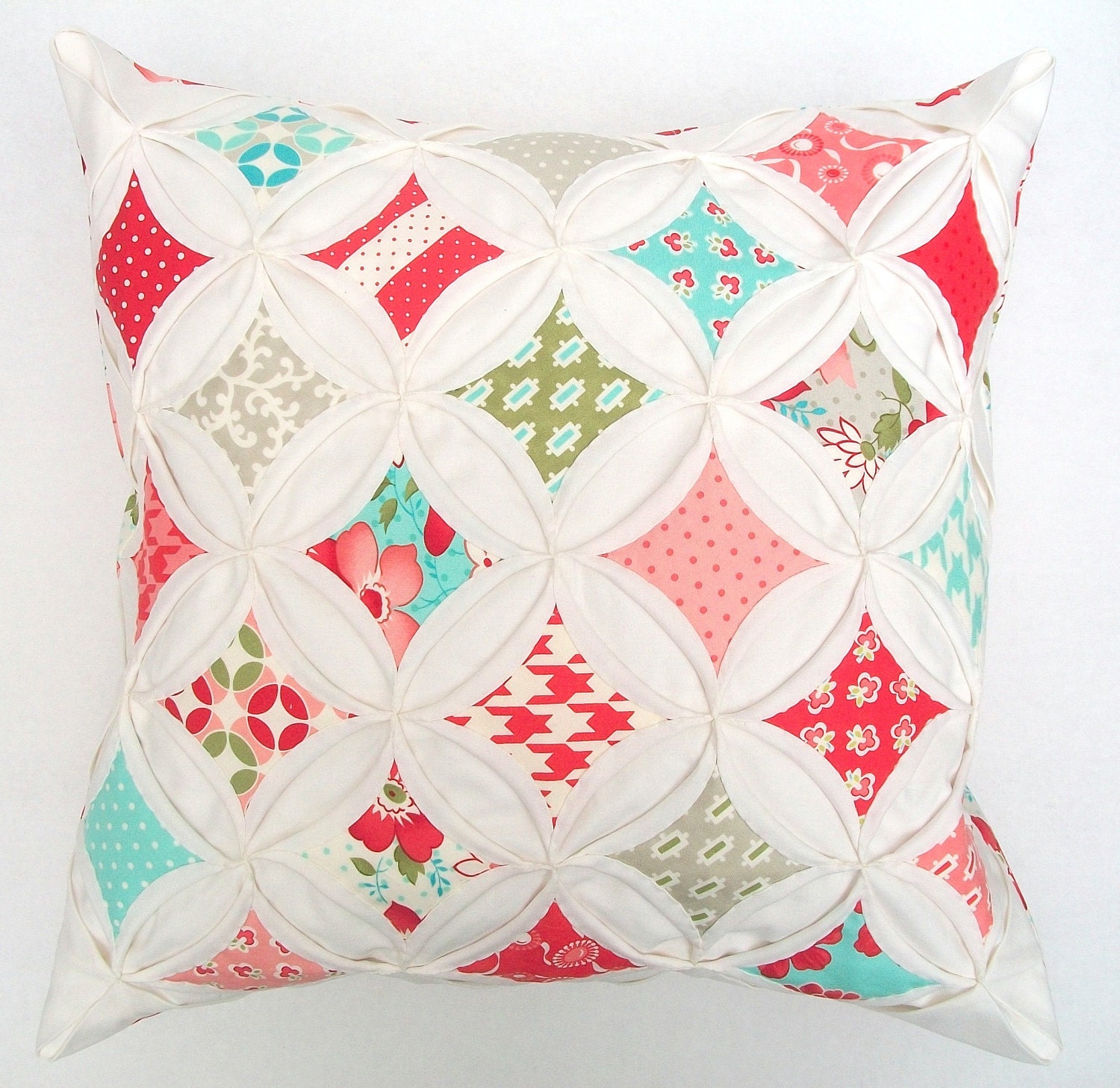 Decorative Pillow Cover Cathedral Window Cottage Style Modern Vintage Red Aqua  18 Inch