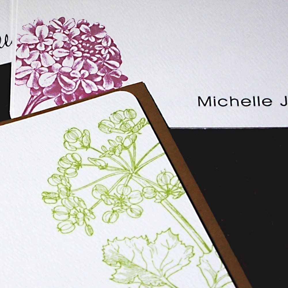 Botanical Personalized Flat Note Cards - set of 16 - assorted designs in a set