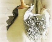 Victoriana Wrap - Silver Dupioni Raw Silk Wrap Ruffled Pleated Wedding Shrug with Handmade Corsage Flower Detail