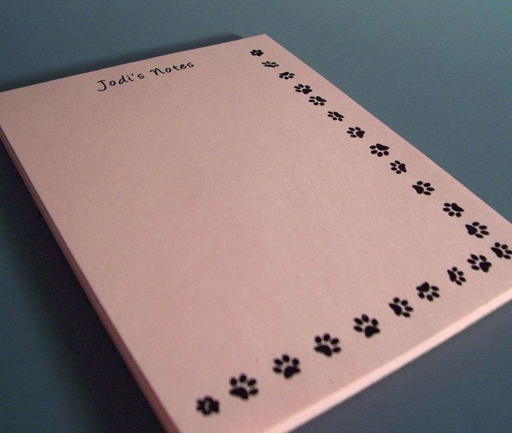 Personalized Paw Print Border Notepad - You Choose Name, Font, and Paper Color - Recycled Paper