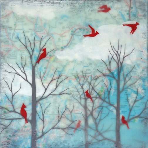 Maine Cardinals -  mixed media encaustic print