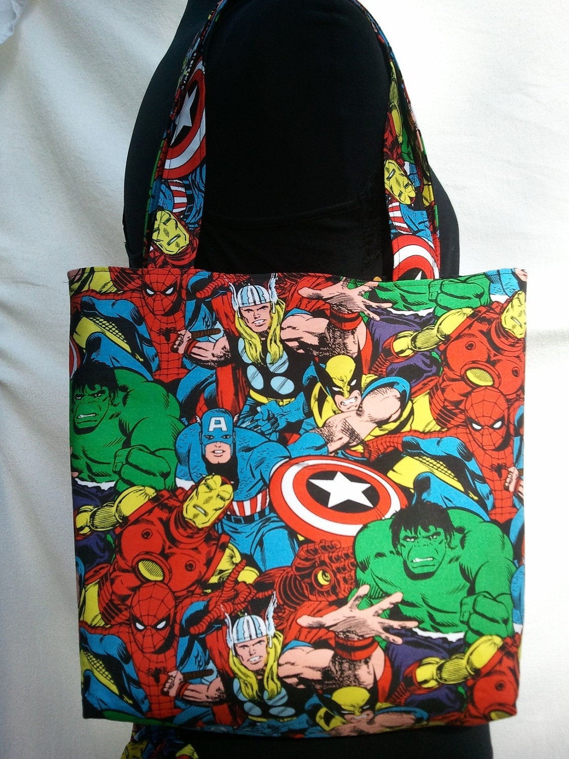 Reversible Tote Purse Bag Made From Avengers Fabric - Thor, Spiderman, Wolverine, Hulk, Ironman, Captain America