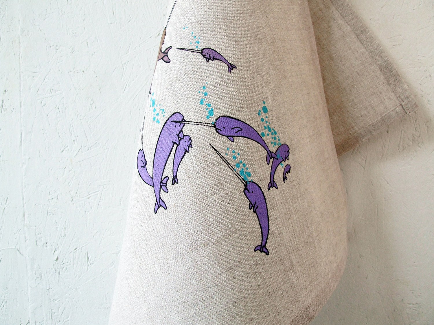 Tea towel - Pod of Narwhals on natural linen