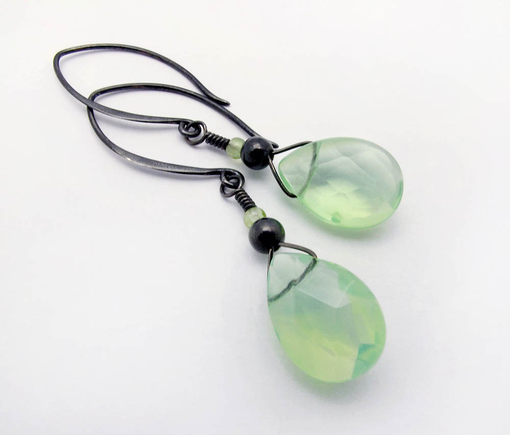 green glass briolette dangle earrings, oxidized sterling silver finish