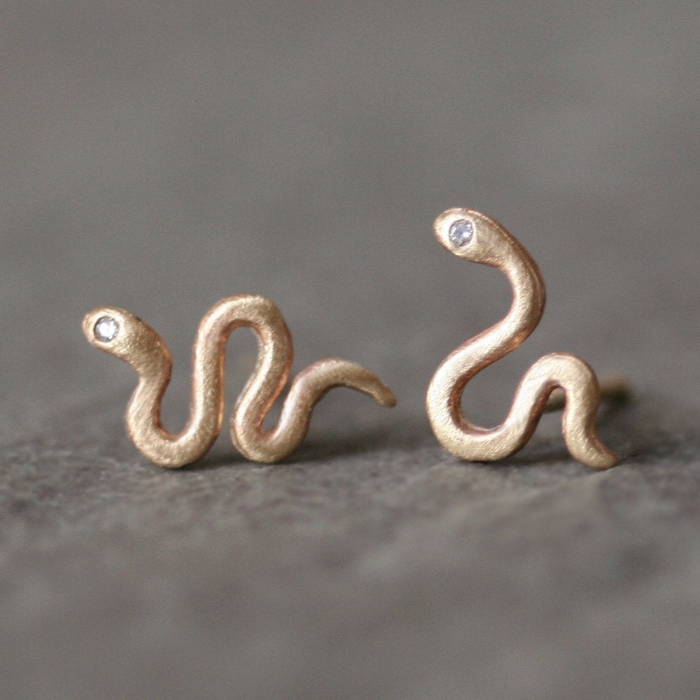 Mini Mismatched Snake Stud Earrings in 14K Gold with Diamonds