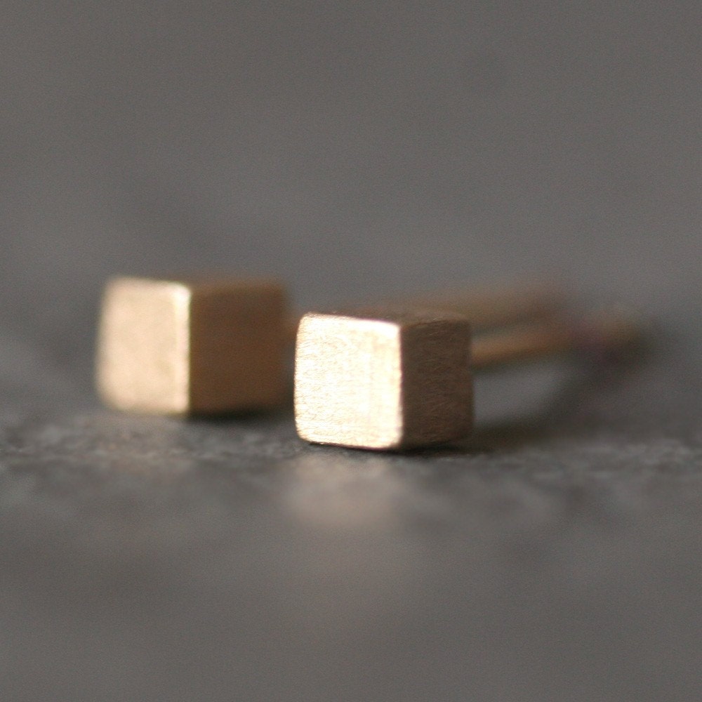 Tiny Cube Stud Earrings in 14k Gold