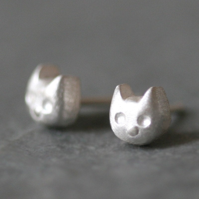 Baby Kitten Stud Earrings in Sterling Silver
