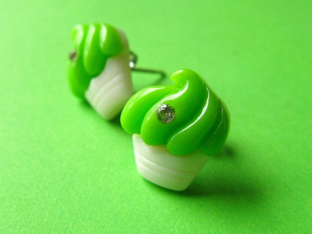 SALE - Sparkle Cupcake Stud Earrings - Neon Green Ear Posts with Rhinestones