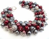 Red and Slate Gray Bridesmaid Pearl Bracelet, Bridal Party Jewelry, Cluster Bracelet, Beaded Bracelet, Bridesmaid Bracelet